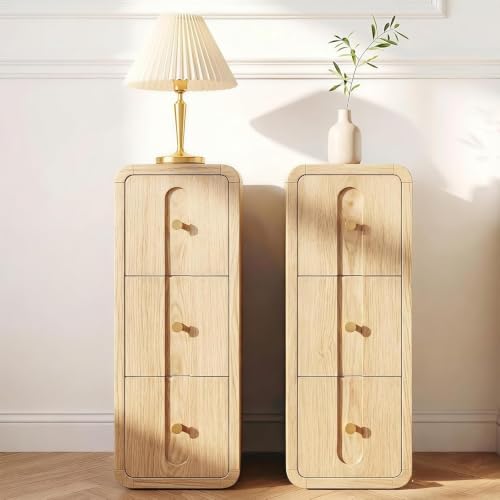 Image of Narrow Nightstand Set of 2, Small Bedside Table with 3 Drawers, Mid Century Modern Skinny Nightstand with Storage, Wood Slim Side Table for Bedroom, Living Room (Natural-2pcs)