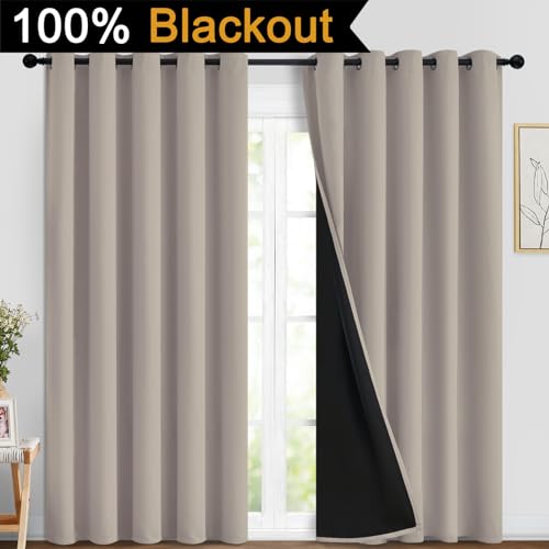 Image of Yakamok Natural Blackout Curtains 84 Inches Long for Bedroom 70 inch Wide 2 PCS | Blackout Curtain Panels for Bedroom, 2 Thick Layers Grommet Top Thermal Insulated Drapes with Black Liner for Living Room