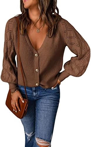 FEKOAFE Womens Fall Sweaters Bishop Sleeve Button V Neck Sweater Brown Cute Sweaters Brown Large