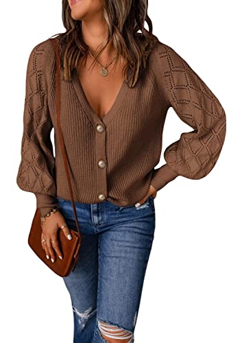 Fekoafe Womens Fall Sweaters Bishop Sleeve Button V Neck Sweater Brown Cute Sweaters Brown Large #TOP23
