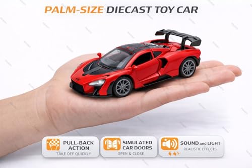 Image of Mini McLaren Senna Toy Car Model 1:36 Scale Die-cast Metal Pull Back Vehicle with Openable Doors, Lights & Music, Sports Model for Kids, Boys & Collectors (Red)