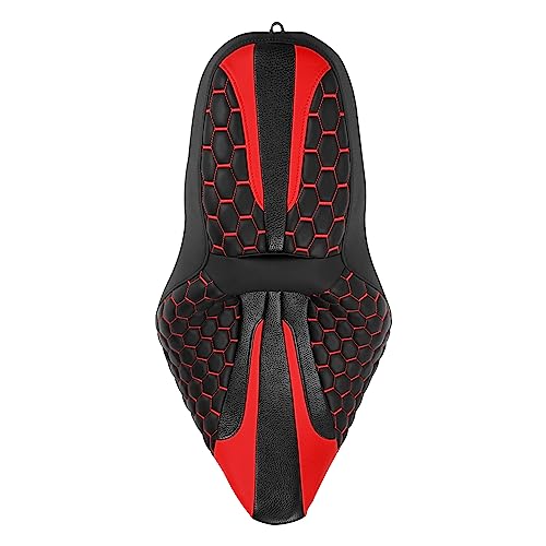 C.C. RIDER Leather Rider Passenger Seat - Hexagon Stitching for Harley Davidson Touring Road King Street Glide Road Glide Electra Glide CVO 2009-2023 Black Red
