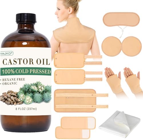 YHOVID 13 Pcs Castor Oil Pack Wrap, Organic Cold Pressed Unrefined Glass Bottle for Liver Detox, Stomach, Neck, Knee, Foot & Entire Body, Organic Cotton Reusable Pads Kit for Hot/Cold Compress