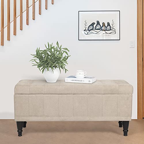 Joveco Storage Ottoman Linen Fabric Upholstered Tufted Bench With Wood Legs, Rectangular Coffee Table Footstool For Bedroom Living Room Entryway (Beige) #TOP1
