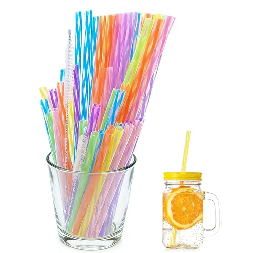 60 Stück Strohhalme Plastik 2 Größen Farbige Wiederverwendbare Strohhalme mit 2 Strohhalmbürste Trinkhalme Plastik für Smoothies Saft Cocktail Heißgetränk