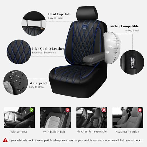 Image of CAR PASS Piping Luxury Leather Seat Covers Full Set,5 Seats Anti-Slip Waterproof Seat Covers Compatible with Front Armrests,Universal Fit for Sendan SUV Van Truck,Airbag Compatible,Black and Blue