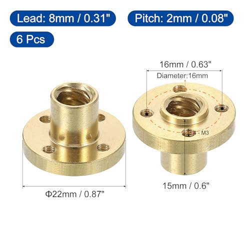 QUARKZMAN 6 Stück Tr8x8 4-Gängige Messing Flanschmutter, 2mm Teilung​8mm Steigung Trapezgewinde-Spindelmutter mit 4 M3 Bohrungen, 22mm AD x 15mm Dicke