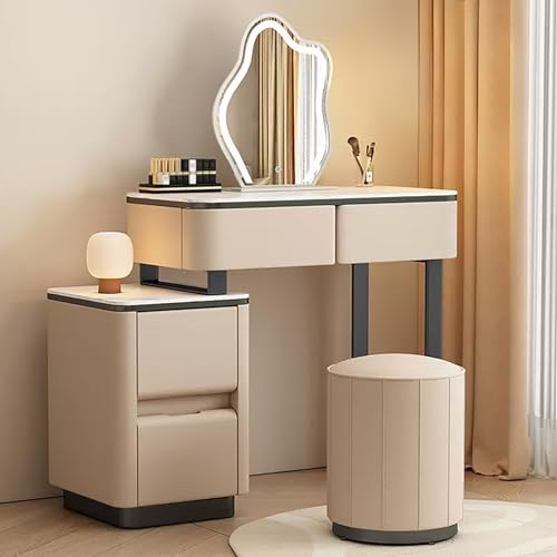 asdchZen Dressing Table Set With Mirror Side Cabinet & Round Stool Makeup Vanity Desk In Microfiber Leather Slate Top Carbon Steel Legs Khaki 70Cm/27.5In & 80Cm/31.5In