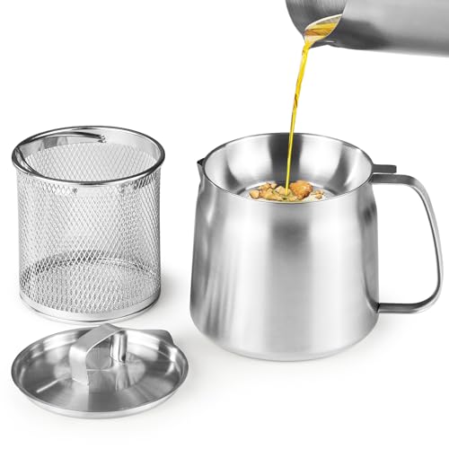 Bacon Grease Container with Strainer, 304 Stainless Steel Grease Container for Kitchen with Dust-proof Lid & Basket, Dishwasher Safe Cooking Oil Container, 50oz/1.5L by Fijinhom - Used condition - US$17.18