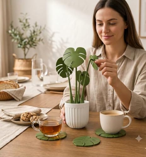 Image of SR Premium Monstera Leaf Coaster Set with Pot | Artificial Plants with Pot | Home decore | Multi-Purpose Heat Resistant Coasters & Table Trivets for Personal /Office /Home /Restaurant (1)