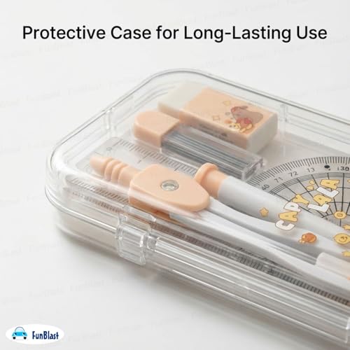 Image of FunBlast Capybara Theme Compass Set - 7 Pcs Transparent Geometry Box with Protector, Set Squares, Ruler, Compasses, Ruler Set, Math Geometry Kit for Student & Professional (LightBrown)