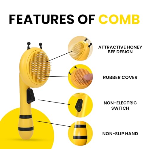 Image of Honeybee Dog & Cat Comb - Pain-Free Grooming Brush - Quick-Clean Switch - All Fur Types - Cute Honeybee Design - Effective Pet Hair Removal - Spa-Like Massage Grooming