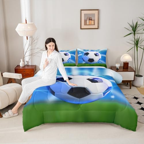 Image of Feelyou 3D Soccer Comforter Set Queen Size Kids Football Pattern Games Bedding Set for Boys Girls Sports Theme Duvet Quilt Room Decor