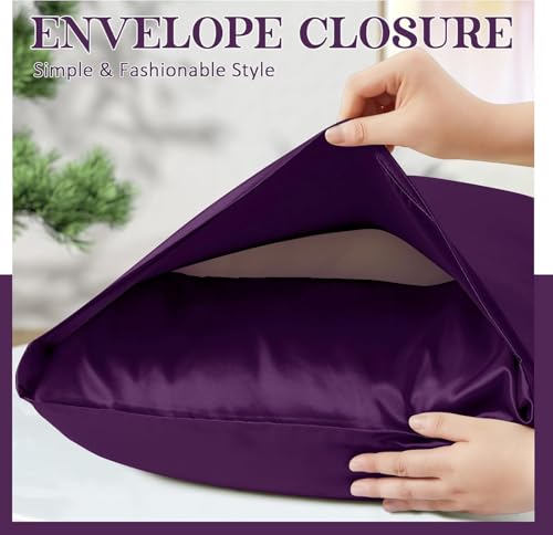 Image of SKVM Satin Silk Pillow Covers Set of 2 for Hair and Skin scrunchies Set for Women 3-Pieces Pillowcase Soft Breathable Smooth Sleeping Envelope Closure Cover Bed Anti Frizz 18 inchX 28 inch (4, Dark Purple)