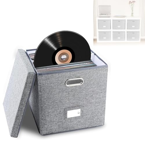 WEZCHUGHAOL Vinyl Record Storage Box, Vinyl Record Storage Box with Lid, Holds 50 12-inch Photo Albums, Mobile, Office, Closet, Home Organizer 13x13x13 (Gray)