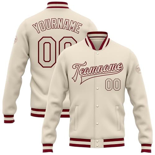 Custom Varsity Letterman Jackets Cream White and Red, Personalized Sports Baseball Team Uniforms Casual Bomber Coats for Men Women Youth Boys Girls, Design Streetwear Stitched/Printed Name Number Logo