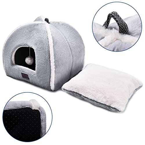 Image of Cat Bed for Indoor Cats - Cat Cave Bed Cat House Cat Tent with Removable Washable Cushioned Pillow, Soft and Self Warming Kitten beds, Pet Bed（Large Grey）