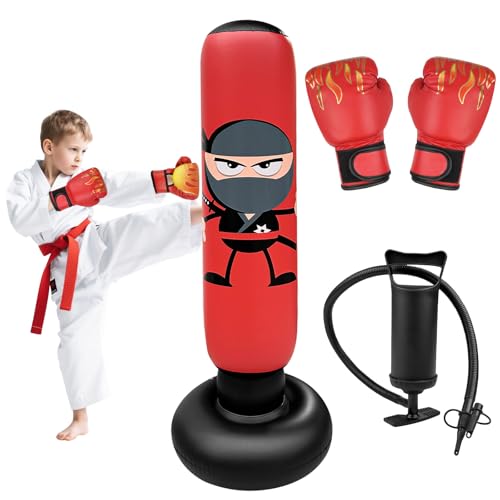 Homshsjhkis Saco de Boxeo de Pie, Saco Boxeo Niños, Punching Ball, Bolsa Independiente con Bomba Aire Guantes Boxeo, Bolsa Inflable Estable para Karate, Kickboxing, MMA, Regalo Ideal para Niños Niñas