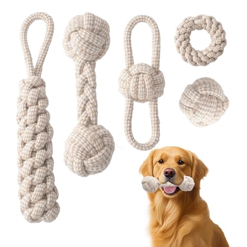 JOPOY 5パックの子犬用ロープおもちゃ 犬ロープおもちゃ 犬おもちゃ 犬用玩具 噛むおもちゃ ペット用 コットン ストレス解消 丈夫 耐久性 清潔 歯磨き 小/中型犬に適用 (5PACK, スポーツ)