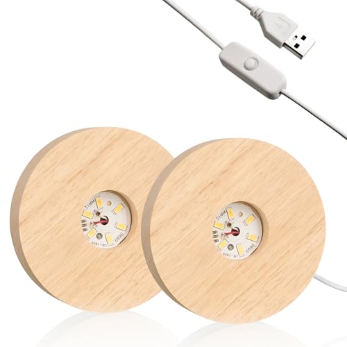 Image of 2-Pack Wooden LED Light Display Base, Round Lighted Lamp Stand | Artistic Warm Light Version for Crystal, Glass, Acrylic (with USB Cable Switch)