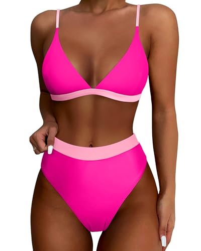 High Waisted Bikini Set for Women Two Piece Tummy Control Bathing Suit V Neck Triangle Swimsuit Color Block