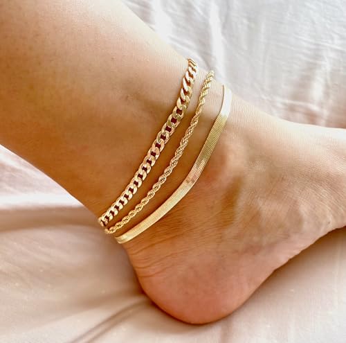 Image of Gold Anklets for Women Waterproof 14k Gold Plated Cuban Link Anklets Non Tarnish Rope Herringbone Ankle Chain Summer Beach Jewelry Gifts for Women