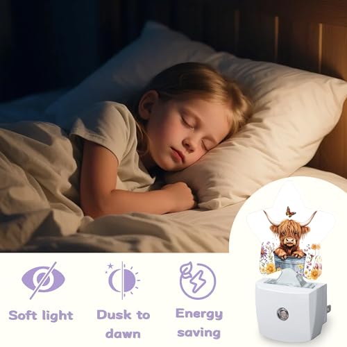 Image of Night Light,Highland Cow Night Lights Plug into Wall Butterfly Flowers Decorations for Bedroom Bathroom,Dusk to Dawn Sensor Kitchen Hallway Stairs Energy Efficient Desk Lamp