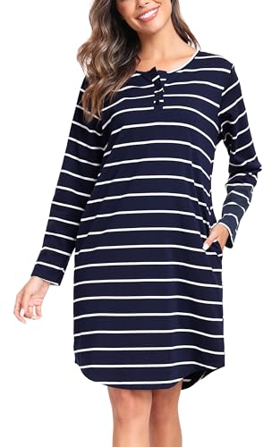Lovasy Camisones de Mujer Invierno Algodon Camisón Manga Larga Botones Camison Lactancia Mujer Dormir con Bolsillos,Azul Marino,L