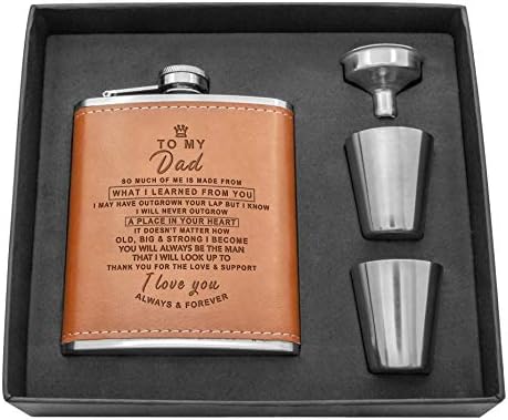 Personalized Flask Set - Engraved Custom Hip Flasks For Dad - Stainless Steel with Leather Flask For Men, Father Day's Valentine's Christmas Gift (Brown-For Dad)
