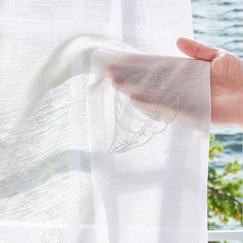 jinchan White Sheer Curtains for Living Room Bedroom Coastal Nursery Curtains 84 Inch Long Beach House Voile Transparent Seashell Seahorse Printed Window Treatments Set Rod Pocket 2 Panels - Image 9