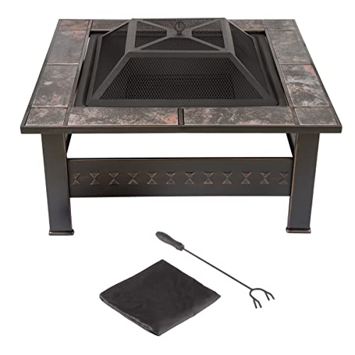 Pure Garden 50-155 Wood Burning Fire Pit Set Includes Screen, Cover And Log Poker-For Outdoor And Patio, 32-Inch Marble Tile Square Firepit, Bronze #TOP2