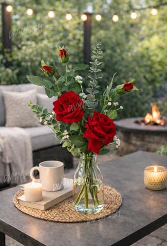 Image of Divyakosh Artificial Flowers for Home Decoration, Flora for Decor | Artificial Red Rose Flowers Bunch for Vase, Decorative Floral Arrangement- Eucalyptus & Gypsy | Home, Living Room & Festive Decor |