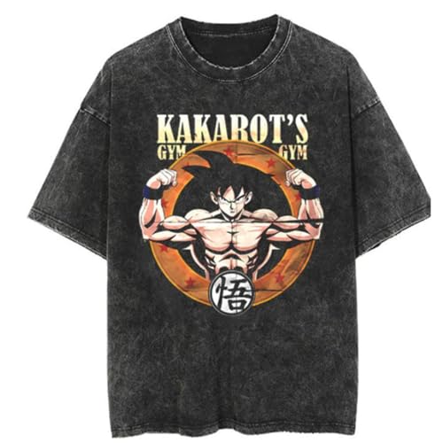 Camiseta Vintage Lavada Slugger Gym, Manga Anime, Negro Lavado (Black,L)