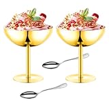 UNISWEET Ice Cream Bowls Set of 2 Stainless Steel Dessert Cups with Spoons Reusable Gold Footed Sundae Cups Ice Cream Cups for Dessert, Frozen Yogurt, Gelato, Birthday Party Decorations