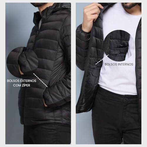 Jaqueta Puffer Bobojaco Masculina Casaco Corta Vento Acolchoada Impermeável Bolsos Capuz Removível (