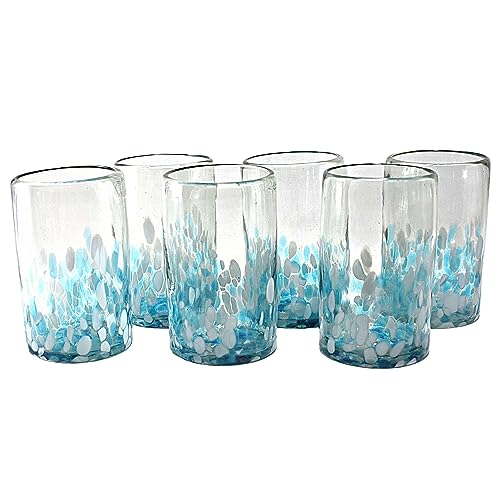 Hand Blown Drinking Glasses Artisan Crafted from Mexico Set of 6 pieces (Sky Confetti, Water 16 Oz.)