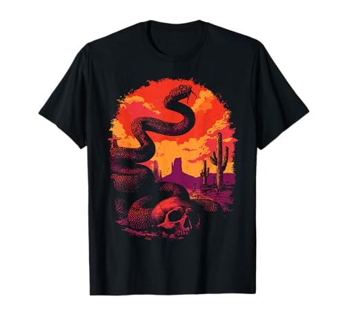 Serpent à sonnettes avec tête de Mort Serpent du désert Western Gothic Sunset T-Shirt
