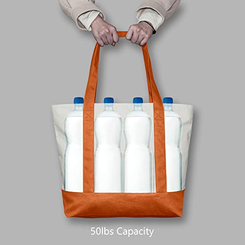 Image of TOPDesign 1-Pack Canvas Tote Bag with an External Pocket, Reusable Grocery Shopping Bag, Top Zipper Closure, Daily Essentials (Orange /Natural)