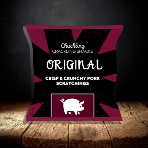 Original Pork Scratchings Multi-Pack (24 x 50g) Gifts for men who have everything, high protein pub snack, meat snacks, premium crackling, keto friendly, pork rinds snacks. Chuckling Snacks.