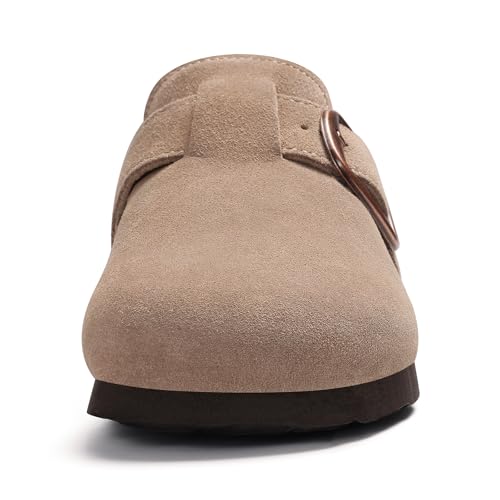 KIDMI Genuine Suede Clogs for Women Memory Foam Cork Footbed Potato Shoes Slip On Leather Mules with Big Buckle