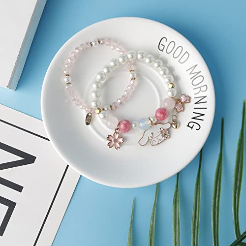 Ds 4Pcs Beaded Charm Bracelets For Teen Girls Dainty Cute Cartoon Crystal Beads Pearl Bracelets Anklets Set For Woman And Girls Adjustable Stretch Bracelet Birthday Gift For Friends -Pink Puppy thumb #2