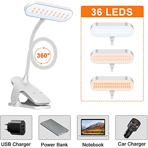 Ufanore LED Desk Lamp, 36 LED USB Rechargeable Reading Light with 5 Color Modes 5 Brightness, Eye Protection Book Clamp Clip on Light for Headboard and Video Conference