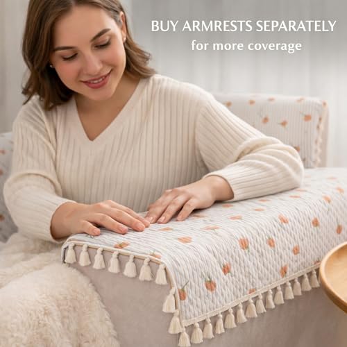 Image of STITCHNEST Quilted Velvet Sofa Cover with Tassels - 24x60 Inch, Orange Floral Print with Stripes, Soft & Elegant, Washable Sofa Protector for 1-Seater