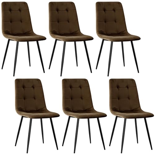 JIJIAN Lot de 6 Chaises de Salle à Manger, Chaises Tapissées en Tissu de Velours et Pieds en Métal Noir, Design en Damier, pour Salle de Séjour Chambre à...