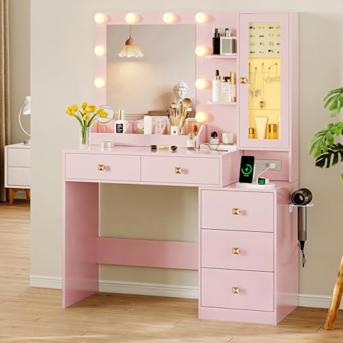 Image of Xixini Vanity Desk with Mirror and Lights, Makeup Vanity Table Set with 5 Storage Drawers, Power Outlet, Small Dressing Table with RGB Ambient Light, Adjustable Brightness for Girls Bedroom, Pink