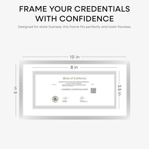 Image of Homeforia 5x10 Business License Frame Silver, High End Metal 5 x 10 Document Certificate Frames with Mat 4x9, 5by10 Professional License Frames for Wall or Tabletop, Tempered Glass, Wall Kit, Set of 2