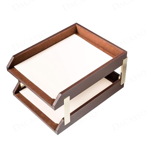 Dacasso Chocolate Brown Leather Front-Load Double Letter Tray Set w/Gold Stacking Posts - Luxury Executive Decor and Office Essential - Desk Surface Protector
