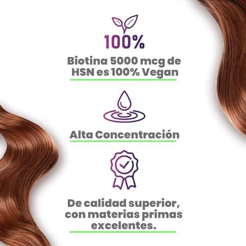 Biotina 5000 MCG de HSN | 120 Cápsulas Vegetales en Forma de D-Biotina | Vitamina para el Cabello, Uñas y Piel para el Crecimiento + Fortalecimiento + Evitar la Caída | No-GMO, Vegano, Sin Gluten