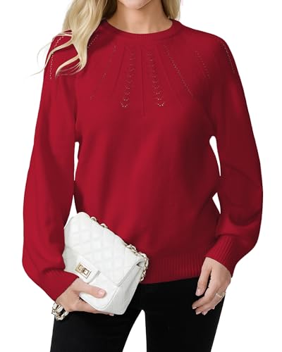 COSSEN Womens Fall Sweater Casual Long Sleeve Crewneck Pullover Sweaters Hollow Out Trendy Outfit L Red