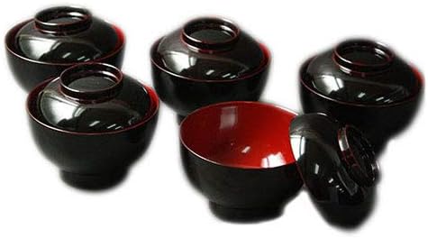 フタ付き雑煮椀 黒塗り内朱 越前漆器 直径約13cm 5客セット